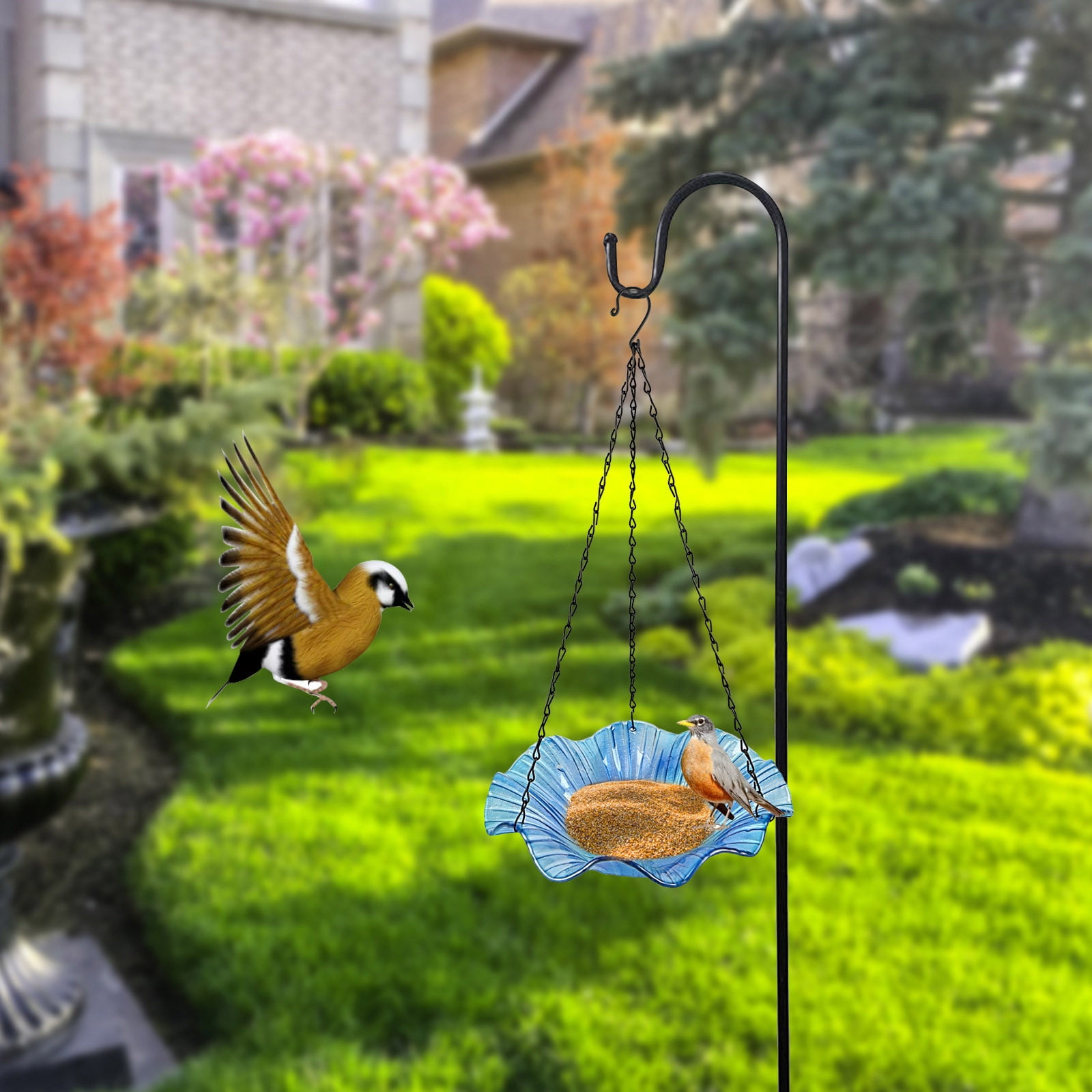Tkrady Hanging Bird Bath Tray Thermal Fused Glass Bird Bath Dazzle Glass Bird Feeder Outdoor Patio Glass Bird Feeder Garden Decoration