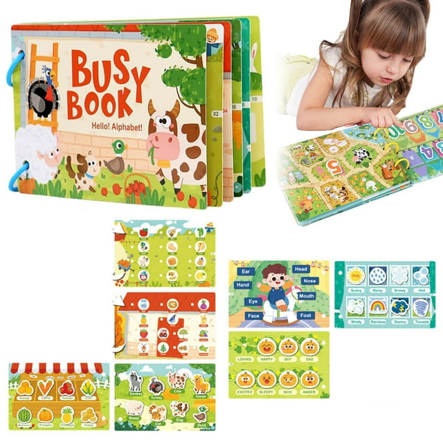 Busy Book for Child, Montessori Educational, Preschool Activities, Kindergarten Learning Book with Sticker Activities, Reuseable and Mess Free, Travel Toy (A)