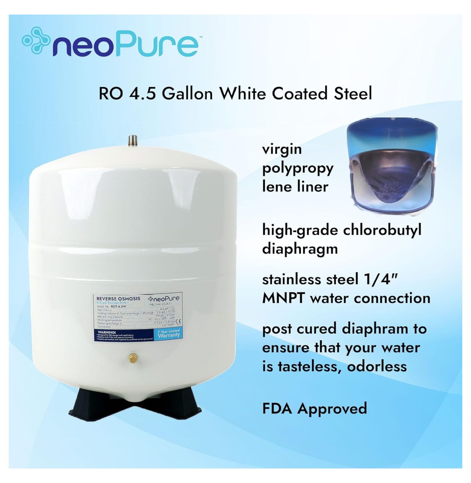 Reverse Osmosis Water Tank – 4.5 Gallon RO Storage Tank, Under Sink Filtration System Replacement, Pre-Pressurized Steel Tank with Shut-Off Valve
