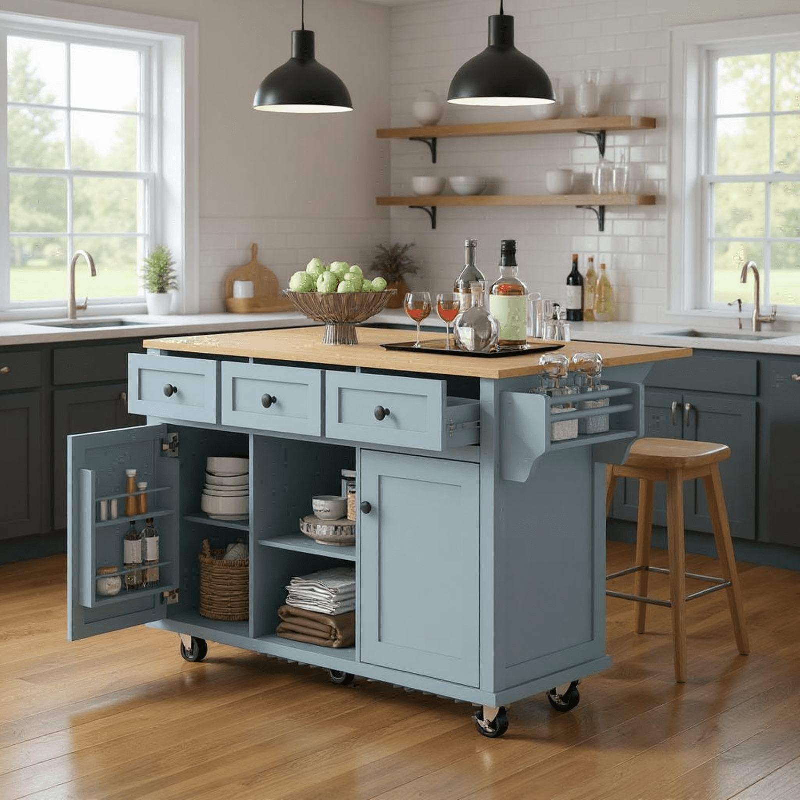 Homy Casa Rolling Kitchen Island with Drop Leaf, Storage Drawers, Spice Rack & Wheels, Dusty Blue