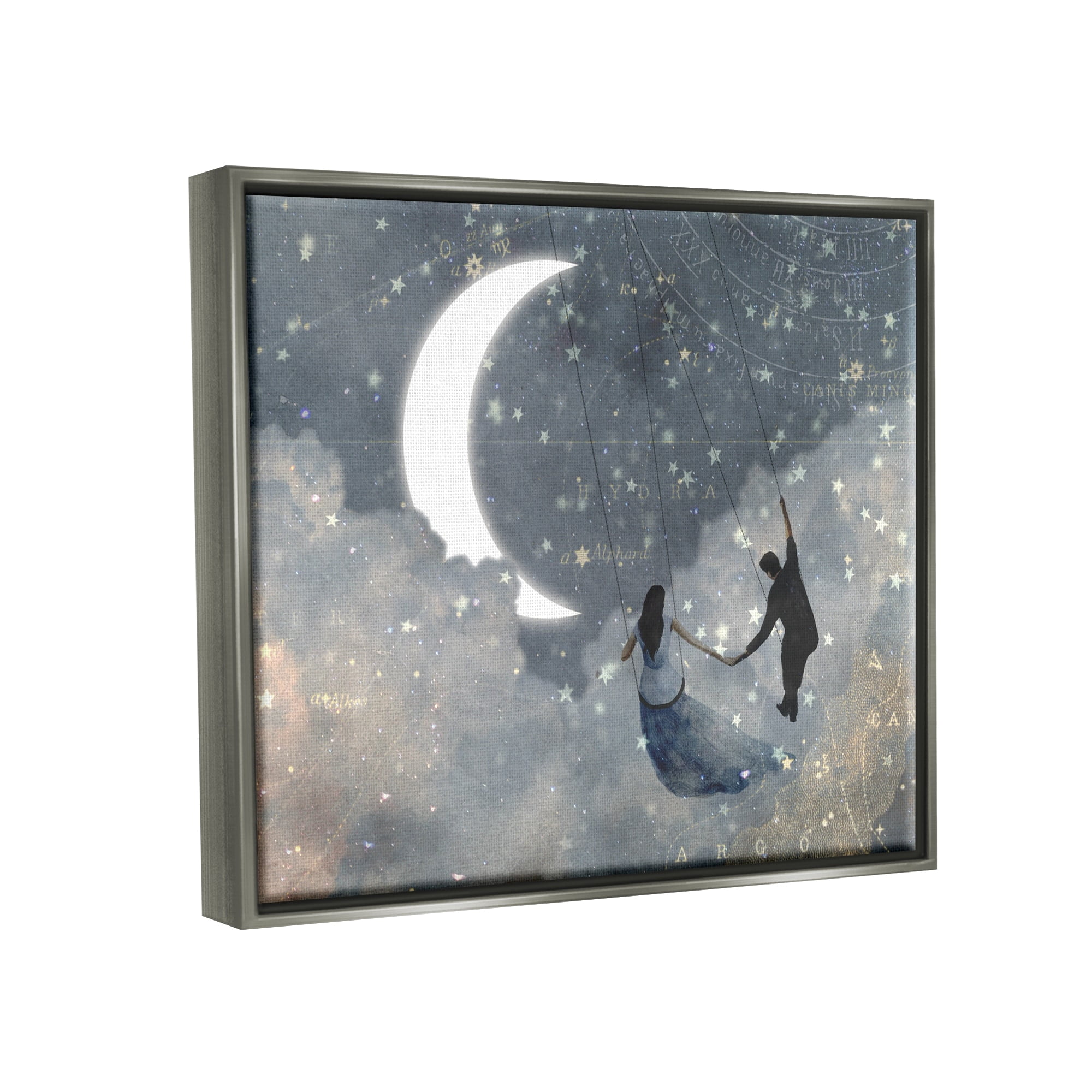 Stupell Industries Grey and Blue Celestial Love Sky Swinging by the Crescent Moon and Stars Luster Gray Framed Floating Canvas Wall Art, 24x30, by Victoria Borges