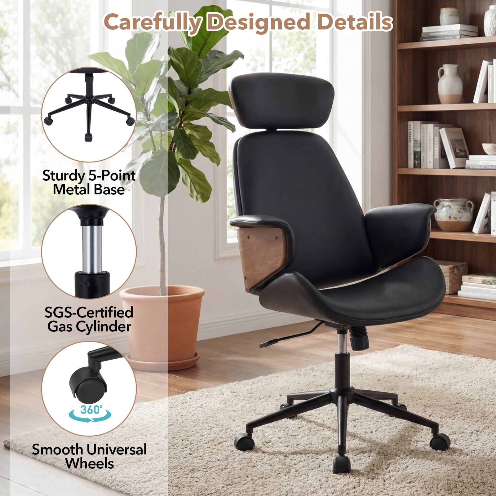 Costway Ergonomic Office Chair with Headrest, Adjustable Height, Faux Leather & Metal Base