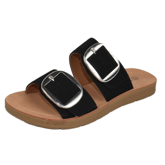 Soda Shoes Women Sandals Double Strap Functional Buckles Flip Flops HELLO-S Black 7.5