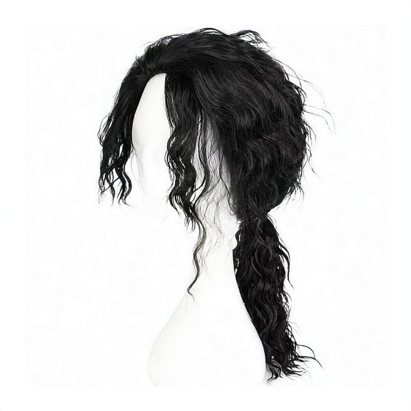 Rocker Wig for Women and Men, Long Curly Pre-Tied Ponytail Costume Hair for 1970s and 1980s Halloween Party, Retro Cosplay and Stage, Black