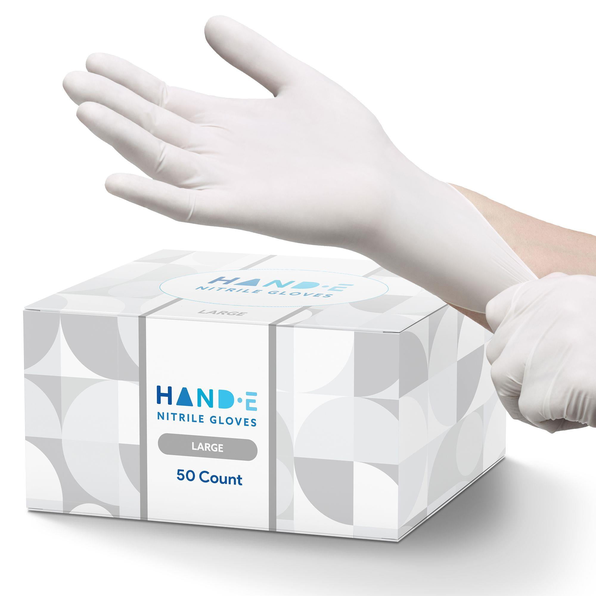 Hand-E Nitrile Gloves (L) 50 Count - Disposable, White, Powder and Latex Free Gloves