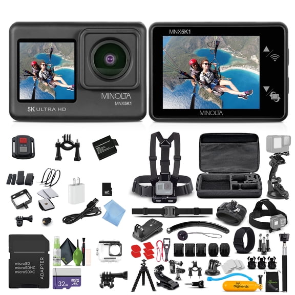 MINOLTA MNX5K1 5K Ultra HD / 24 MP Action Camera Kit   32GB Memory Card   Cleaning kit   Diginerds 50 in 1 Go Pro Accessory Pack - Black