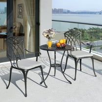 Nuu Garden 3 Piece Patio Bistro Sets, Cast Aluminum Bistro Table Set, Outdoor Patio Furniture with Umbrella Hole and Grey Cushions for Patio, Balcony, Black