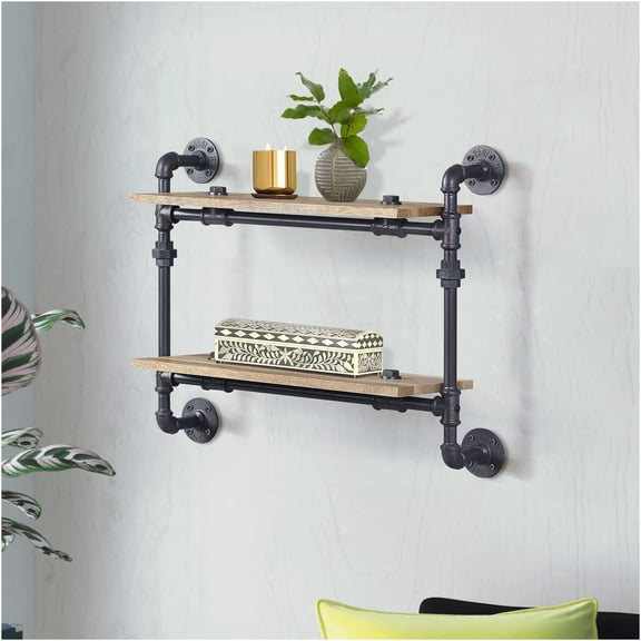 JERFIT Industrial Wall Shelf 2-Tier Floating Shelves, Oak & Black Metal Pipe Frame, Wall Mounted Storage Rack for Bathroom, Kitchen, Living Room Decor
