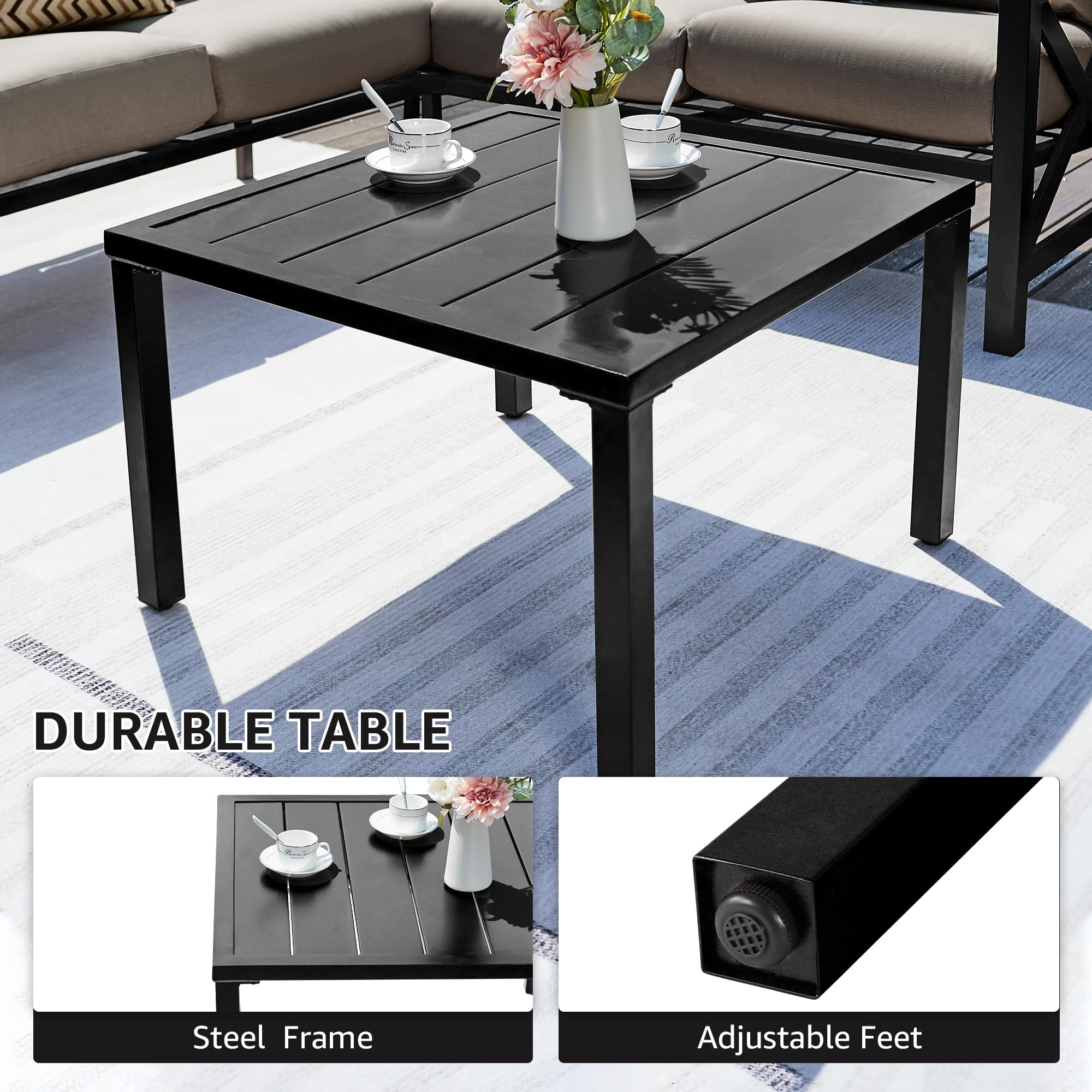 NATURAL EXPRESSIONS 6 Pieces Patio Furniture Sets, Metal Patio L Shape Sectional Couch Sofa Conversation Sets with 6.5" Shale Cushions,HighBack Hand-Brush Black Frame