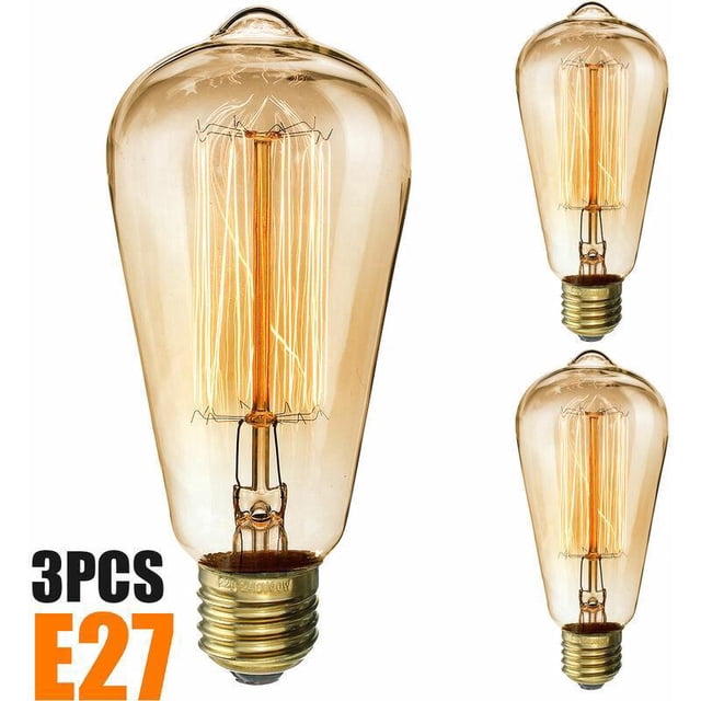 Vintage Edison Light Bulbs Bulb 40W E27 Screw Filament Light Bulb ST64 Antique Style Retro Warm White 3000K Ra>90 Amber Glass Pack of 3