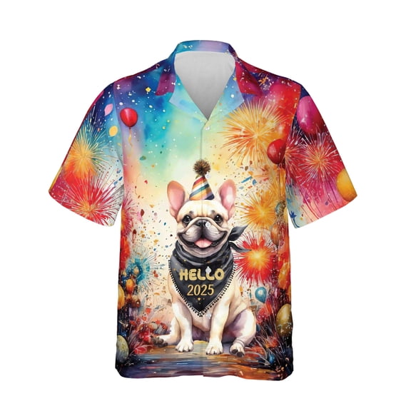 Hello 2025 French Bulldog Celebrates Happy New Year Firework Balloon Hawaiian Shirt Breathable Summer Unisex Merch Dog Lover Gifts - 02024