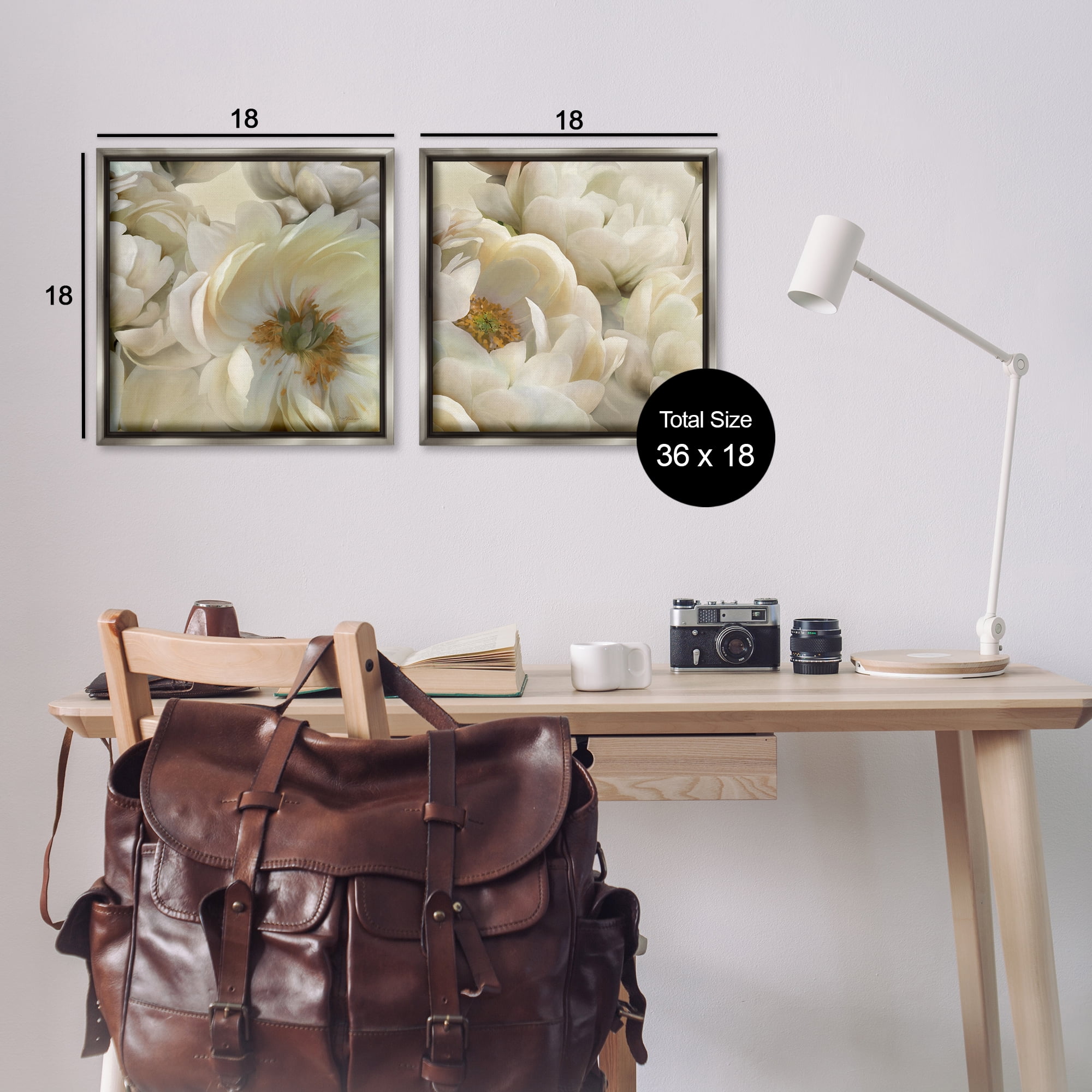 Stupell Industries White Peonies Serenity Floral & Botanical Painting Gray Floater Framed Canvas Art Print Wall Art, 18 x 18, Set of 2