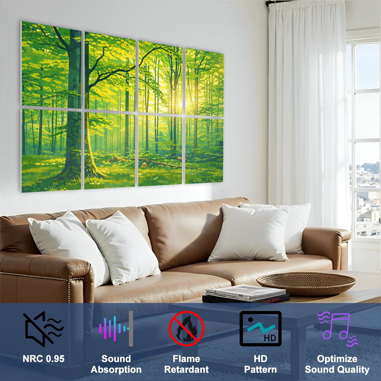 8 Pack Art Acoustic Panels Sound Absorbing Green Natural Beech Tree Forest illuminated Sunbeams Fog Decorative Soundproof Wall Panels Self Adhesive for Nursery Game Room Bedroom 48"x32"