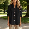thumbnail image 4 of Vivianyo HD Women's Mandarin Collar Blouse, Oversized Split V Neck Roll Sleeve Button Front Shirt for Women, Spring Lightweight Woven Top for Casual Commute and Home Lounging, Sizes S-3XL, 4 of 8