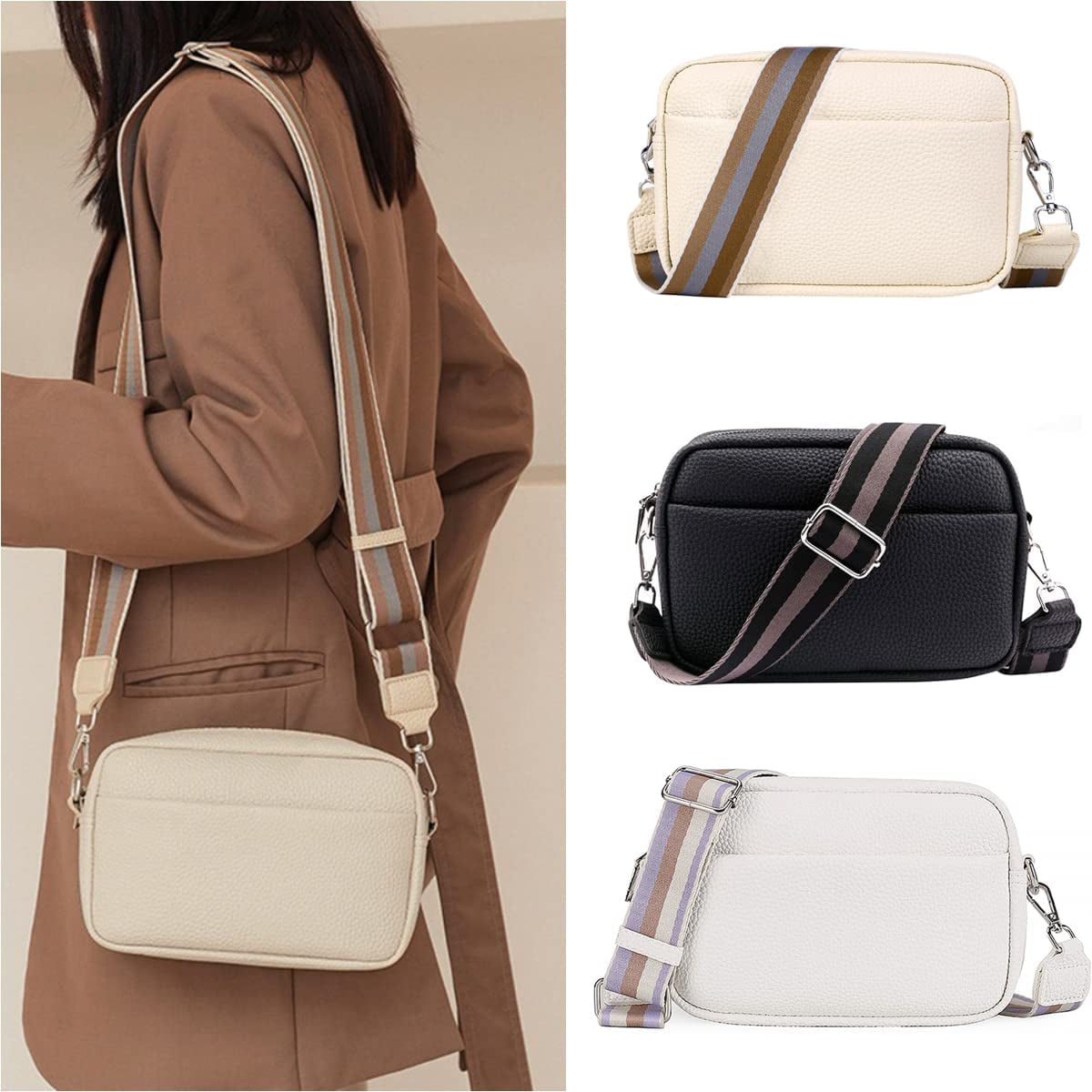 Crossbody Bag for Women, Small Leather Camera Purse Thick Strap Cross-body  Bags, Triple Zip Shoulder Bag with Guitar Strap