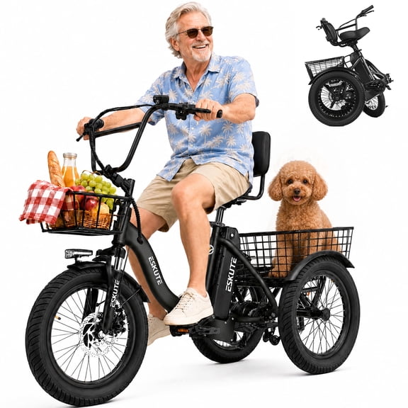 ESKUTE T300 E Trike Electric Tricycle for Adults, 750W Brushless Motor 18MPH Fat Tire Folding Trike, Step-Thru 3 Wheel Electric Bicycle, Up to 55 Miles Black, UL2849