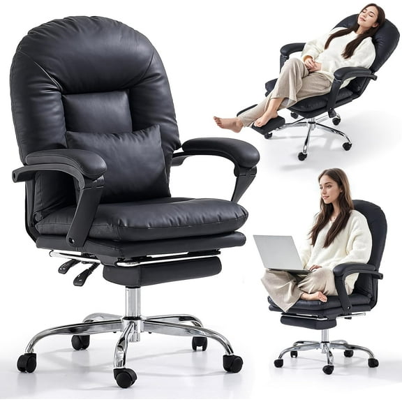 EMIAH Ergonomic Office Chair with Foot Rest Criss Cross Chair with Wheels Reclining Executive Office Chair Mid Back PU Leather Swivel Computer Chairs Lumbar Support for Home Office (Black)