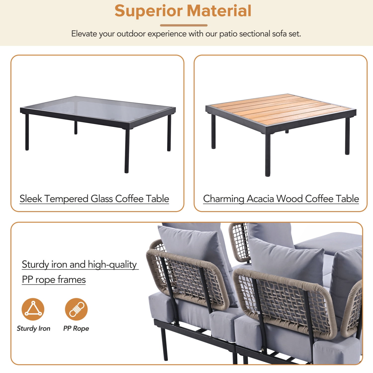 Harper & Bright Designs Outdoor Metal Conversation Furniture Set, 8 Pieces Patio L Shaped Sectional Sofa Set with Glass Coffee Table and Wooden Coffee Table for Garden Backyard, Light Gray
