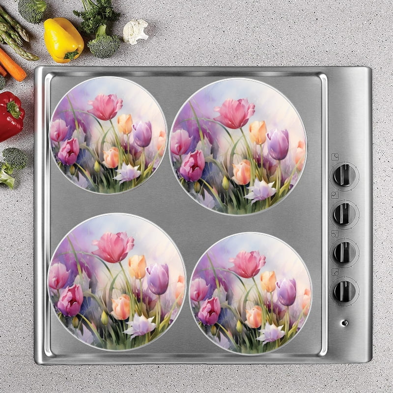 BaHomeck Electric Stove Burner Covers Set of 4,Round Metal Gas Stove Burner Covers 8 Inch and 10 Inch,Kitchen Decor,Tulips In Meadow With Pastel Colors Soft Lighting