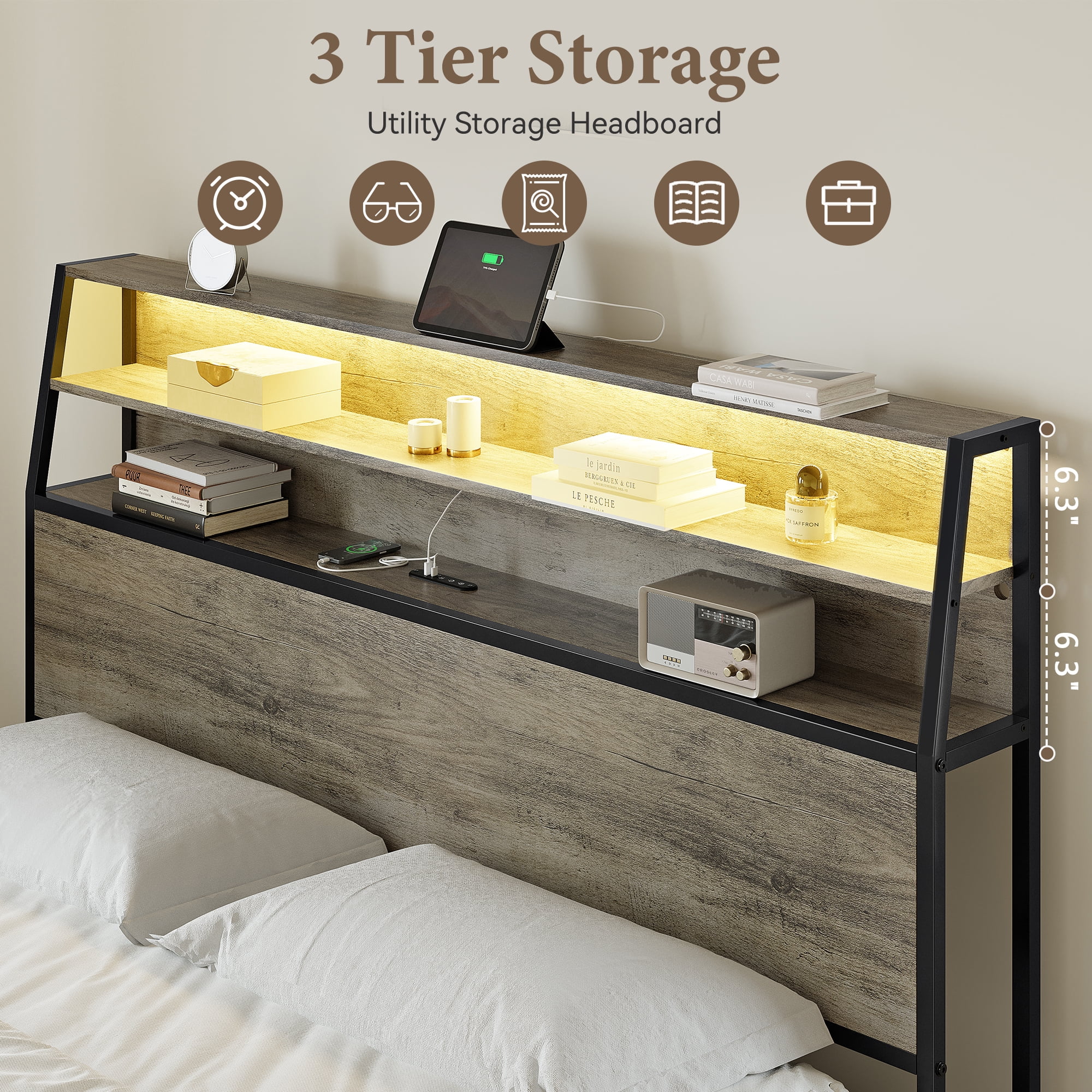 GUNAITO Queen Bed Frame with 2 Drawers Headboard Platform Bed Frame with LED Lights Charging Station Gray