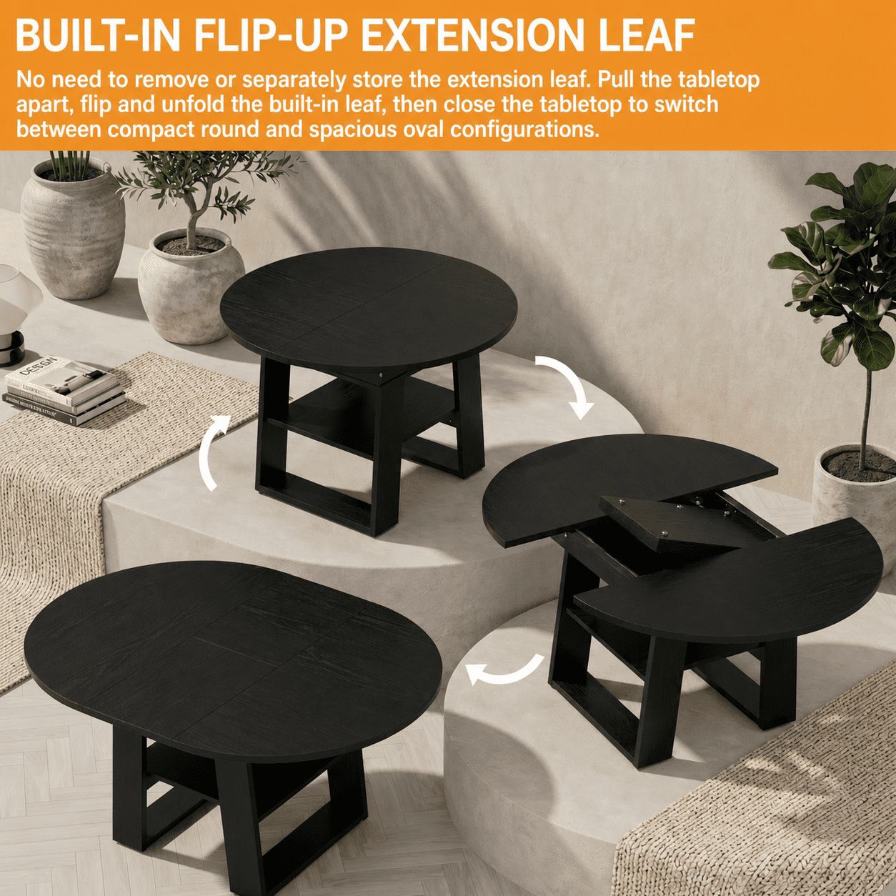Extendable Round Dining Table 43.3-59 Inch, Round to Oval Kitchen Table with Flip Up Extension Leaf and Storage Shelf, Black