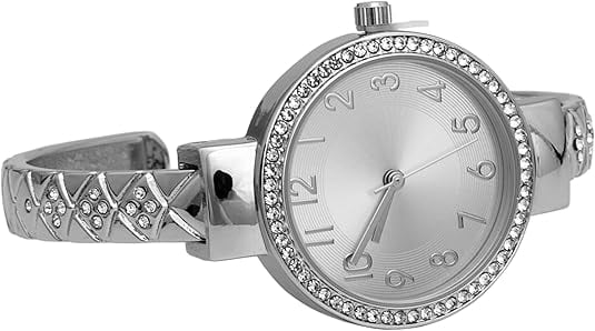 Blekon Collections Womens 32mm Case Plaided Designed Rhinestone Cuff Bangle Watch (Silver)