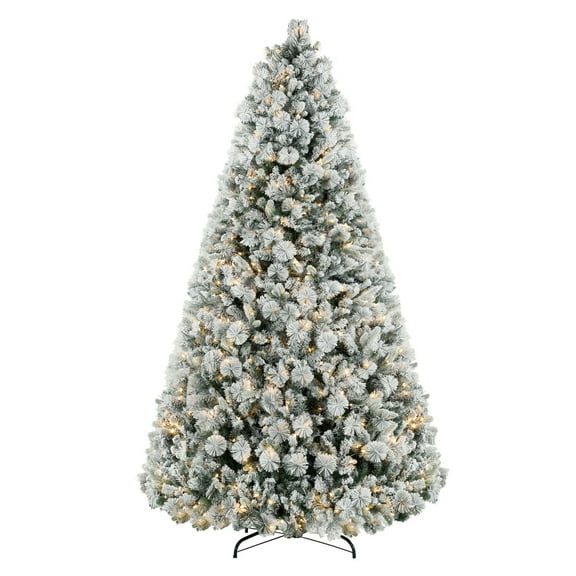 9ft Prelit Flocked Christmas Tree - 750 Clear Lights, 2387 Tips - Indoor Holiday Decor w/ Metal Stand