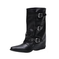 thumbnail image 2 of Women Slouchy Mid Calf Boots Casual Pointed Toe Pull On Boots Fold Over Metal Buckle Comfortable Boots Low Heeled Fall Winter Fashion Boots, 2 of 9