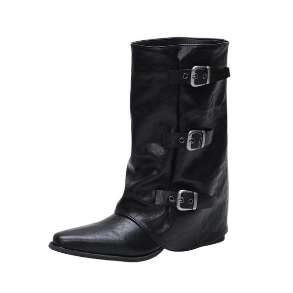 Women's Mid-Calf Boots Plus Size Pointed Toe Metal Buckle Chunky Heel Comfort Boots