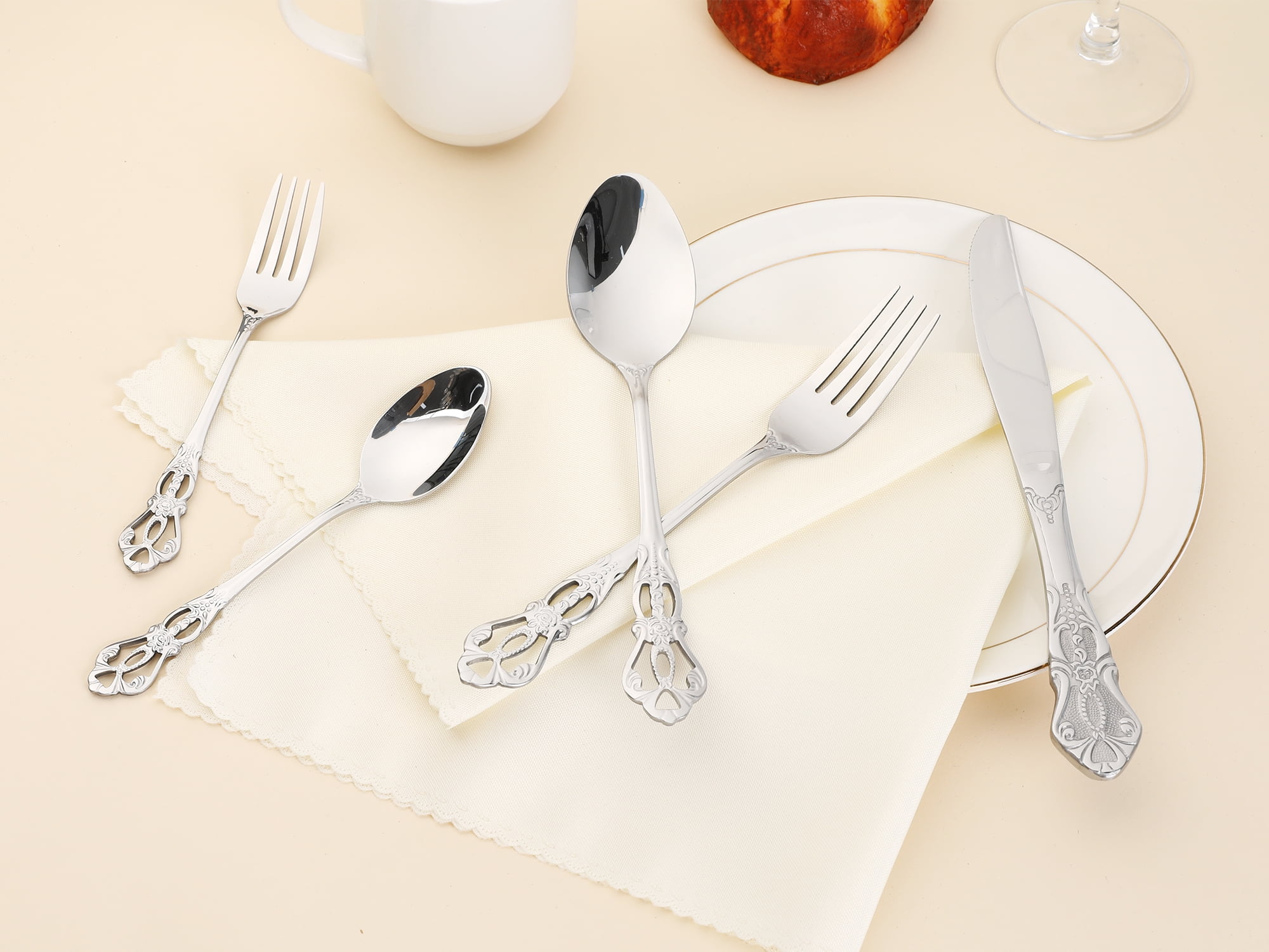 Unique Bargains 20 Piece Stainless Steel Floral Flatware Set for Kitchen Eating Tableware Silver 20