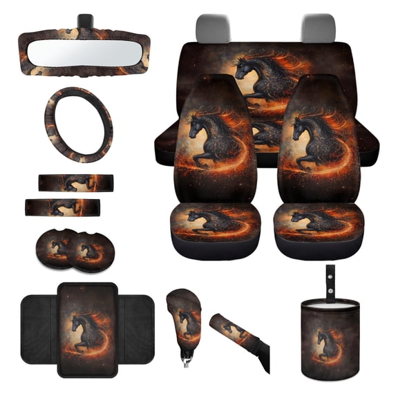 Jeiento Horse 14 Pack Car Seat Cover Full Set with Steering Wheel Cover Auto Seatbelt Pads Cup Coaster Trash Can Rear View Mirror Cover Coasters Armrest Cover Gear Shift Knob Cover Set Abstract Fire