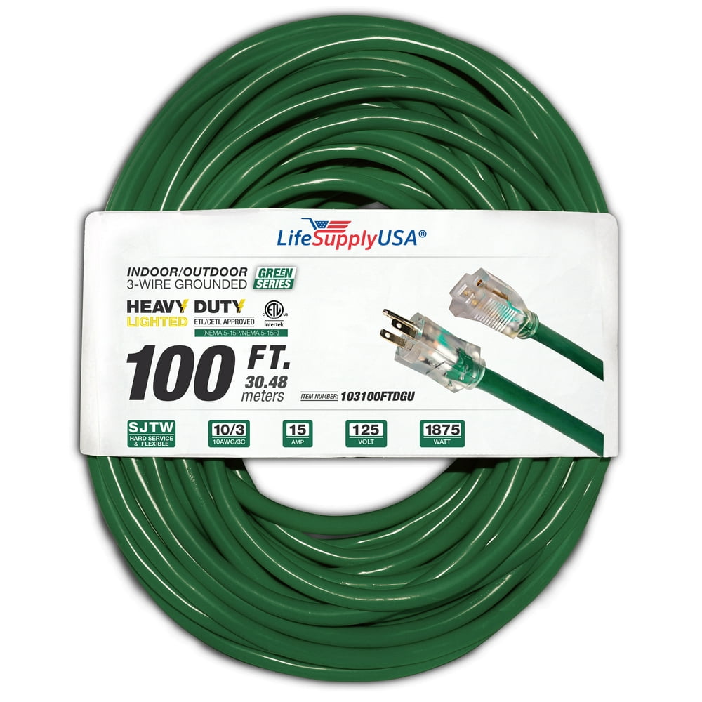 (2Pack) 100 ft Extension Cord 10/3 SJTW with Lighted end Green