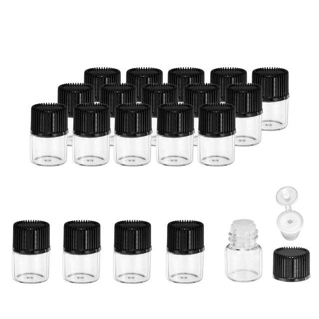 Botellas de aceite esencial REGALWOVEN de 1 ml, paquete de 20 botellas de vidrio transparente con tapón de rosca delgado y reductor de orificio, color negro