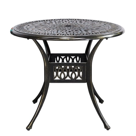 MEETWARM 35.4" Round Patio Dinning Table, Outdoor Cast Aluminum Dinning Table with 2" Umbrella Hole, Dark Bronze