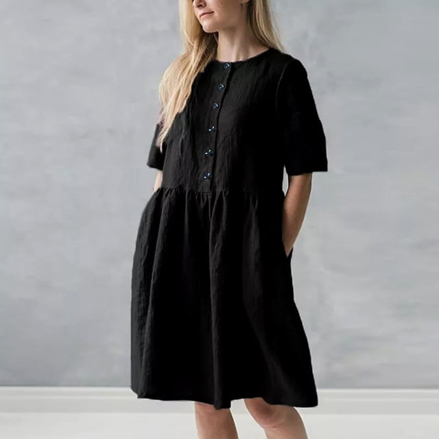 Robe pour Femmes Liquidation Tendances d'Été pour Femmes Robe à Manches Courtes Imprimée à Boutons Noir m