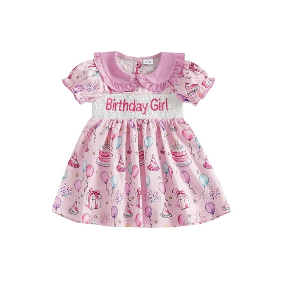 BemeyourBBs Toddler Baby Girls Birthday Dress Smocked Outfits 1st 2nd 3rd 4th 5th Years Old Birthday Summer Clothes Short Sleeve Doll Collar Letter Cake Balloons Print Princess Party Dress