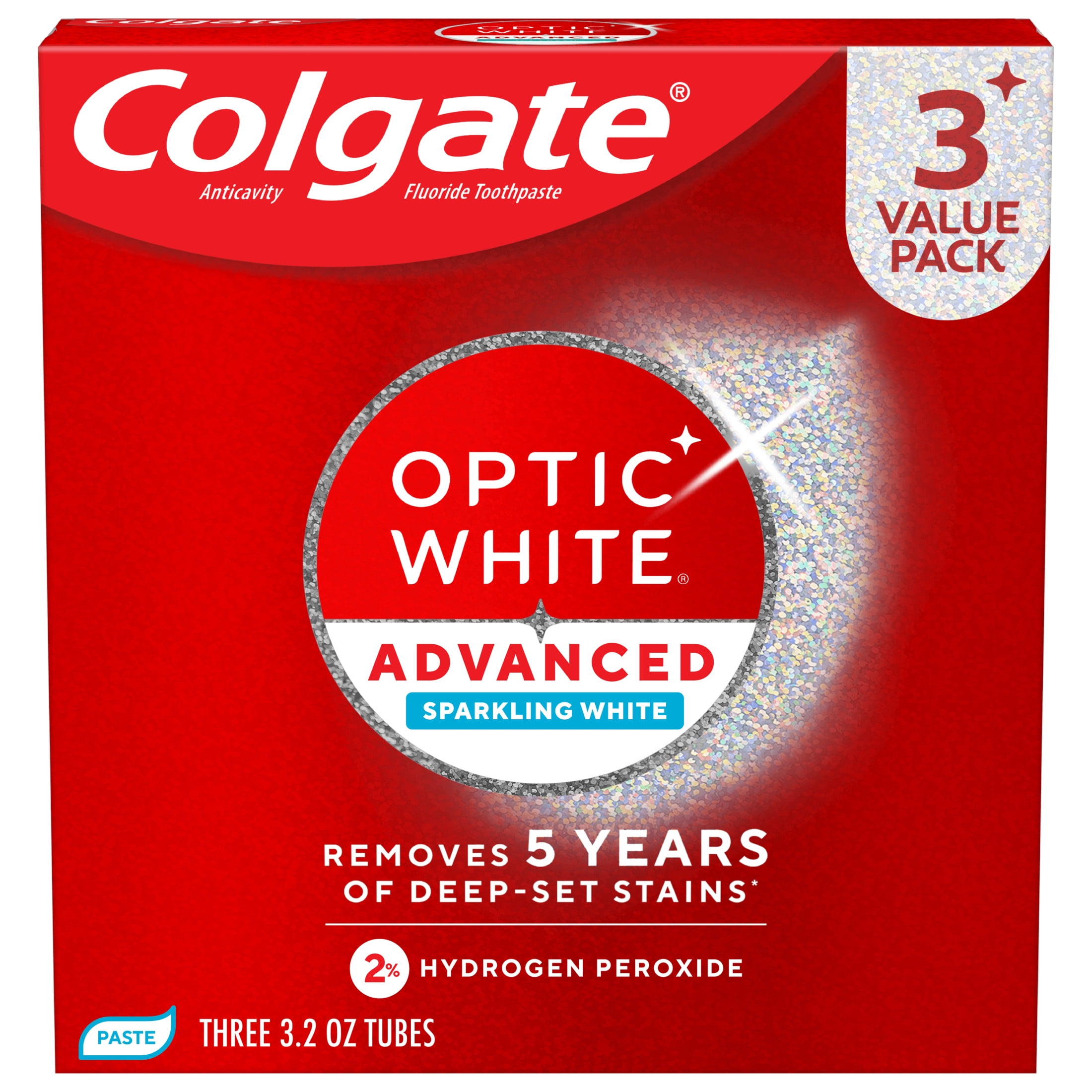 (6 pack) Colgate Optic White Advanced Sparkling White Toothpaste with 2% Hydrogen Peroxide, Mint, 3 Pack, 3.2 OZ
