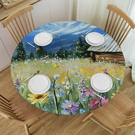 

Patifu Wildflowers Mountains Cabin Round Tablecloth Stain-Resistant Washable Elastic Edge for Indoor Outdoor Restaurants Weddings Parties Picnic Camping Kitchen Dining Home 54 -58