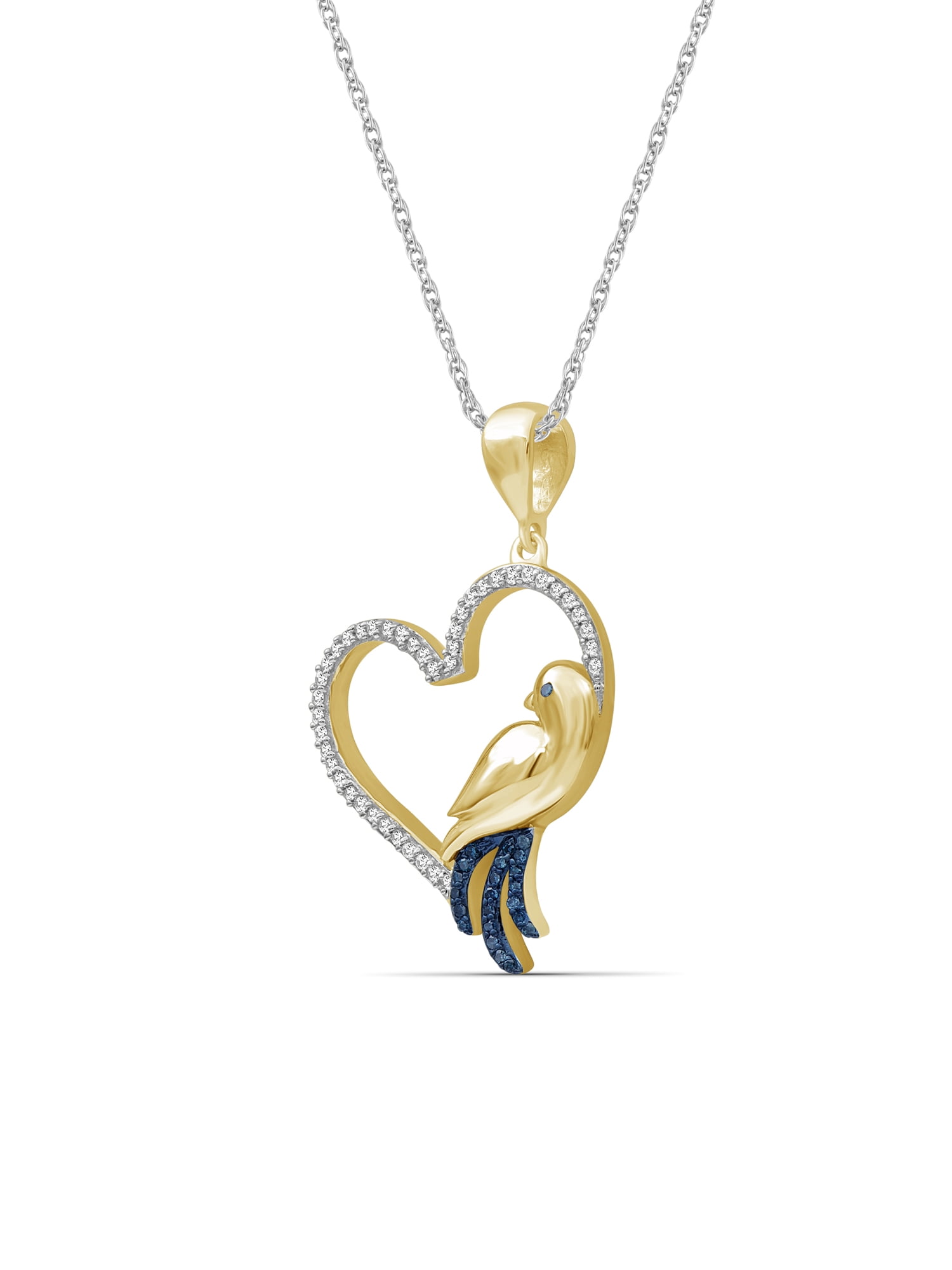 Diamond Bird Necklace Halloween Jewelry – 0.15 CTW Blue and White Diamond Halloween Necklace – 14K Gold Plated Silver Rope Chain with Bird Pendant – Witchy Jewelry for Women by JewelersClub