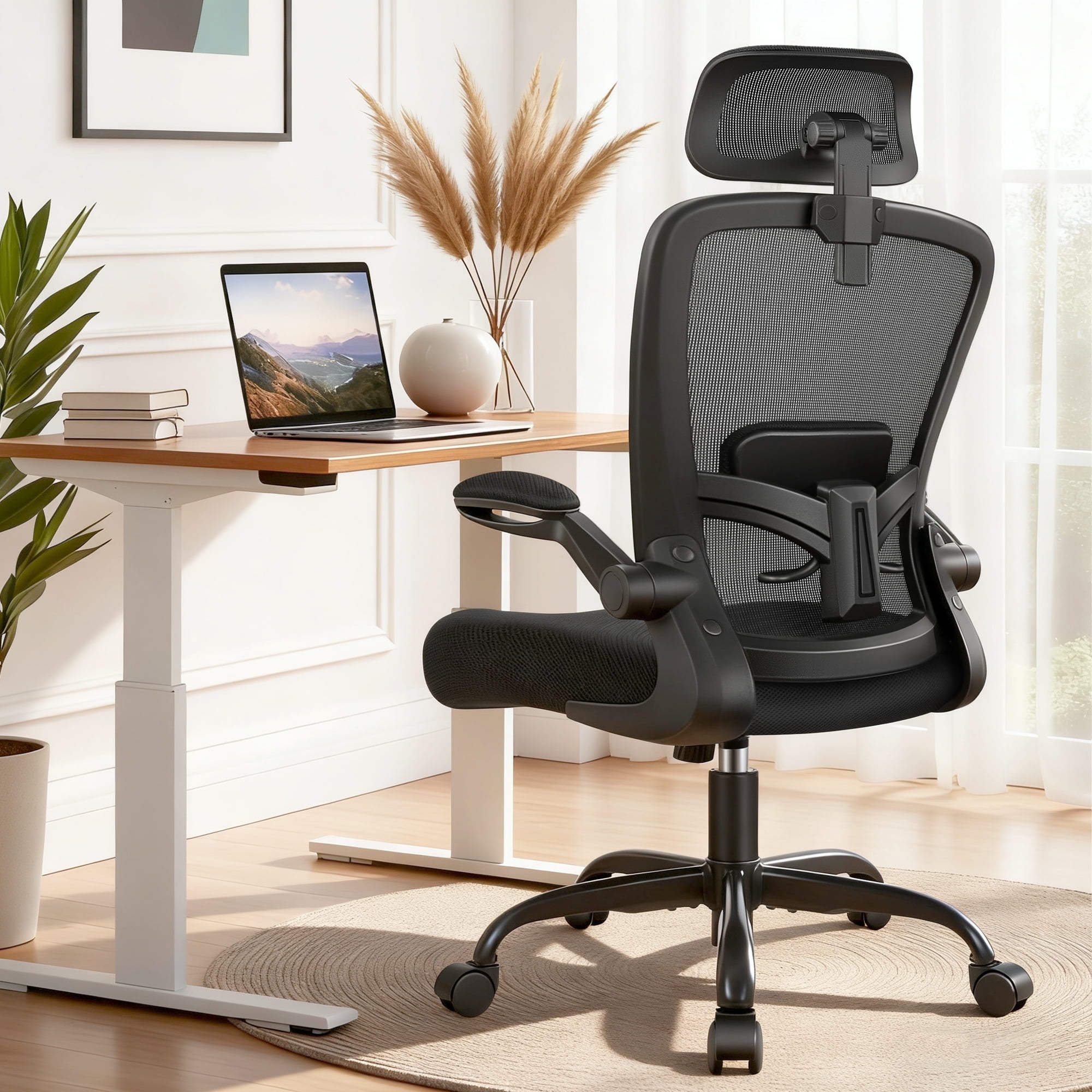 ATHOPE Office Chair, Ergonomic Desk Chair Breathable Mesh Home Office Chairs Adjustable High Back Headrest Lumbar Support Flip-up Armrests, Executive Rolling Swivel Comfy Computer Chairs Black