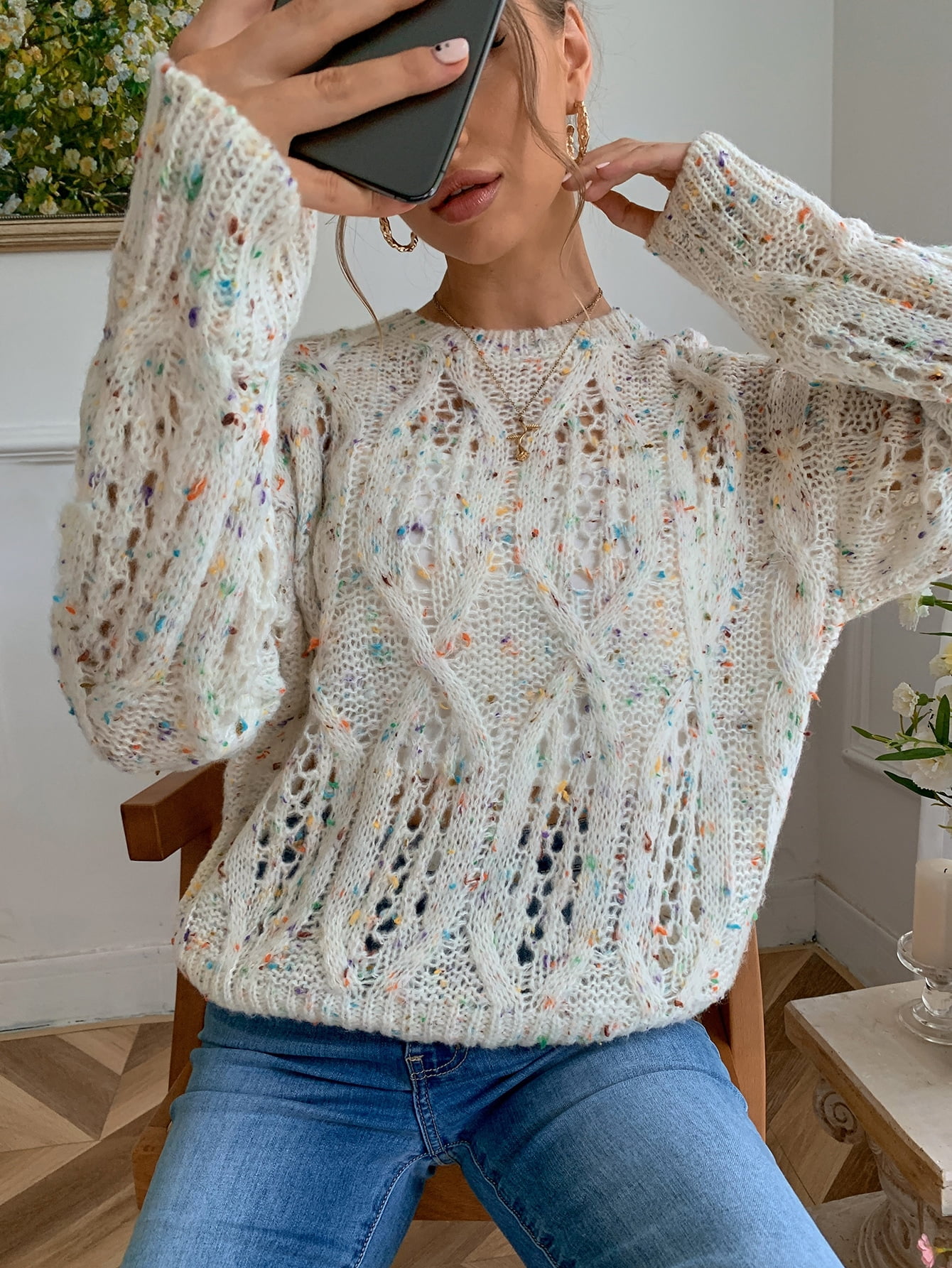 White Pointelle Knit Drop Shoulder 