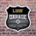 thumbnail image 4 of Luis's Garage I Can Fix Everything But Stupid (2 Pack) 12 inch X 12 inch Shield-Shaped Rust-Free Aluminum Metal Signs To last, Gift for Dads and Uncles Classic Americana Crafted in the, 4 of 7