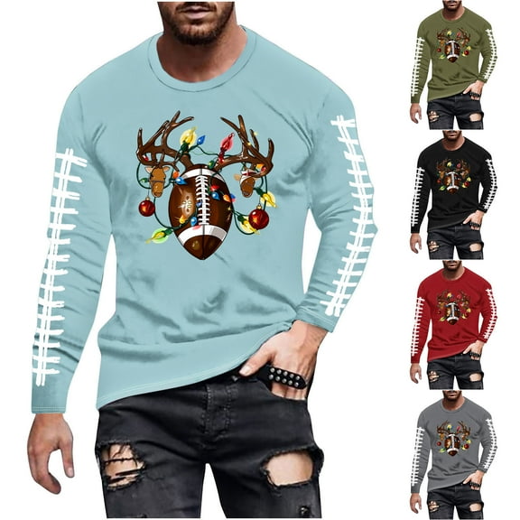 Brondbend Tops for Men Christmas Cheap Shirts for Men Long Sleeve Crewneck Pullover Printed Fashion Blouse Loose Travel Clothes Army Green
