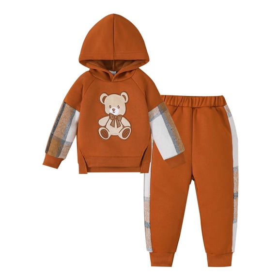 Kucnuzki 4T Toddler Girls Outfit Set 5T Child Clothes Winter Long Sleeves Bear Pullover Hoodie Sweatshirt Hooded Top Plaid Color Block Pants 2pcs Outwear Warm Clothing Brown