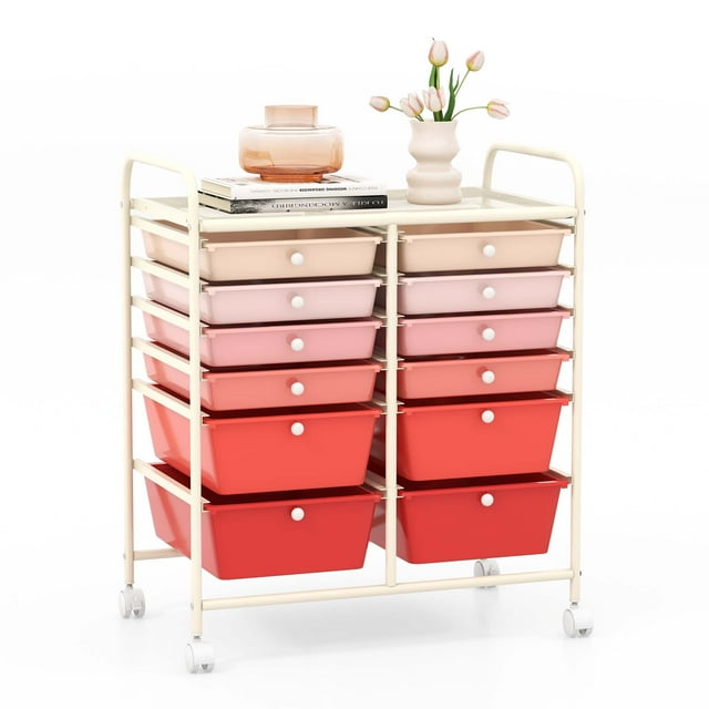 Costway 12 Drawers Rolling Cart Storage Mutlicolor Scrapbook Paper Studio Organizer Bins Gradient Pink