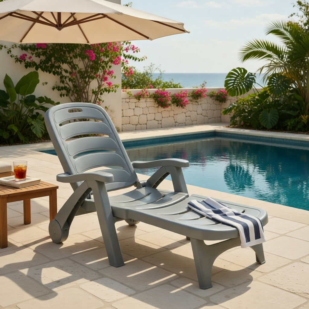Hommoo 5-Position Adjustable Outdoor Folding Chaise Lounge Chair, Heavy-Duty PP Patio Lounger with Dual Wheels, Gray