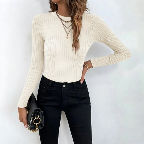 Sweaters for Women Solid Color Ribbed Knitted Sweater Jumper Tops Fall Fashion 2023 A