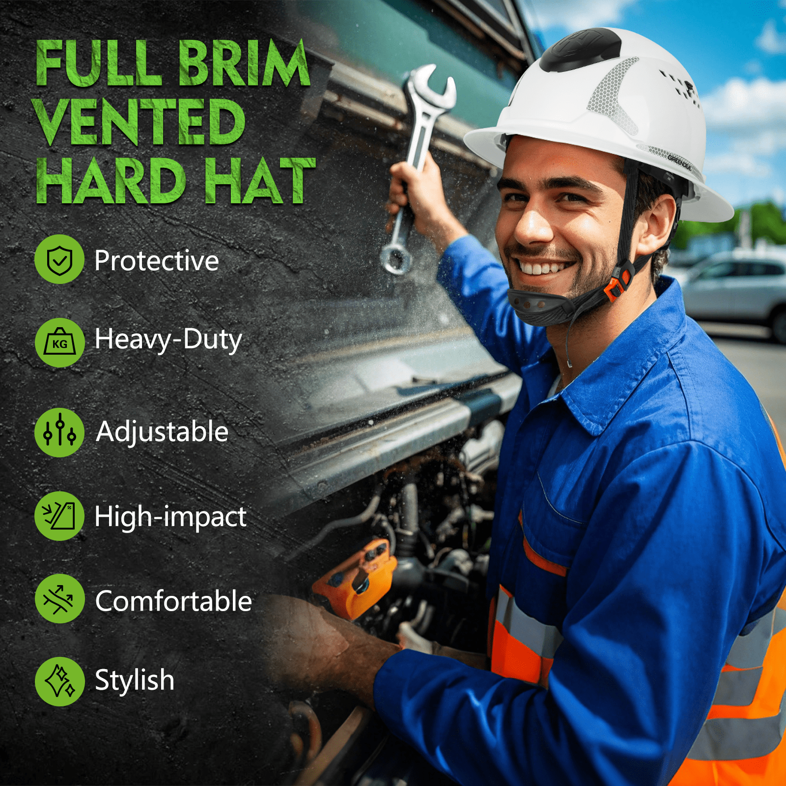 GREEN DEVIL Full Brim Hard Hat ANSI Z89.1 Type 1 Class C Certified Vented Construction Helmet with 6-Point Ratchet Suspension for Men Women