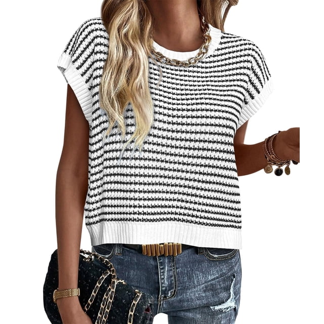Chaleco tipo suéter PRETTYGARDEN para mujer, punto a rayas, manga corta, blanco