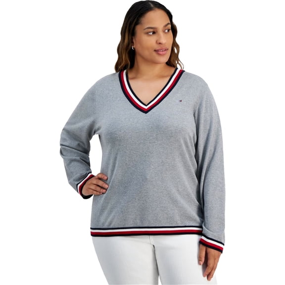 Tommy Hilfiger Womens V-Neck Pullover Sweater, Grey, Plus Size, 1X